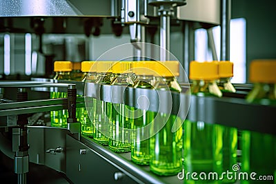 Efficient Beverage Production Processing and Bottling in a Fruit Juice Factory. created with Generative AI Stock Photo