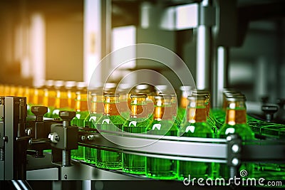 Efficient Beverage Production Processing and Bottling in a Fruit Juice Factory. created with Generative AI Stock Photo