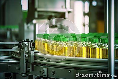 Efficient Beverage Production Processing and Bottling in a Fruit Juice Factory. created with Generative AI Stock Photo