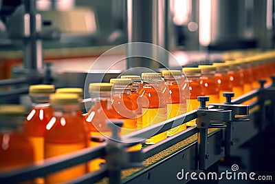 Efficient Beverage Production Processing and Bottling in a Fruit Juice Factory. created with Generative AI Stock Photo