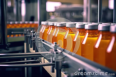 Efficient Beverage Production Processing and Bottling in a Fruit Juice Factory. created with Generative AI Stock Photo