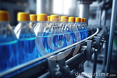 Efficient Beverage Production Processing and Bottling in a Fruit Juice Factory. created with Generative AI Stock Photo
