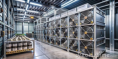 Efficient Bitcoin Mining A Minimalist Look at Modern Cryptocurrency Operations Within a Steel Containerized Mining Stock Photo