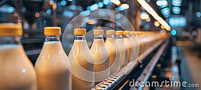 Efficient bottled milk production line in a standard factory optimizing productivity Stock Photo