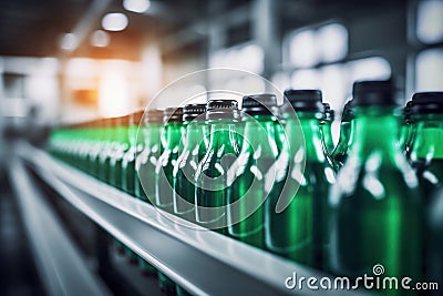 Efficient Bottling Process: Line of Beverages Bottled in Plastic, Illuminated Factory Setting. created with Generative AI Stock Photo