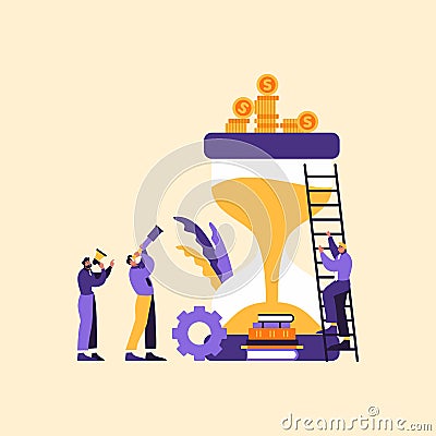 Efficient business team work concept flat vector illustration. Big hourglass at center with money, ladder and cartoon Vector Illustration