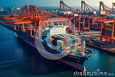 Efficient cargo handling, Container ship loading and unloading at terminal Stock Photo