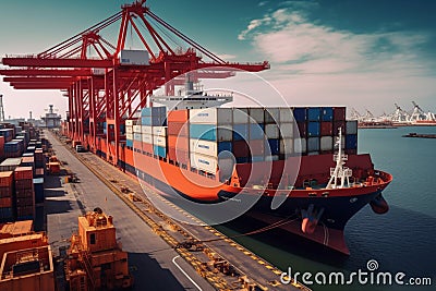 Efficient cargo handling, Container ship loading and unloading at terminal Stock Photo