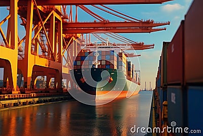 Efficient cargo handling, Container ship loading and unloading at terminal Stock Photo