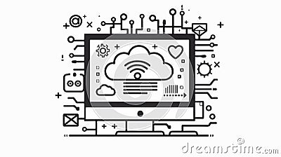 Efficient Cloud Sync on Computer: Streamline Data Synchronization Outline Vector Illustration