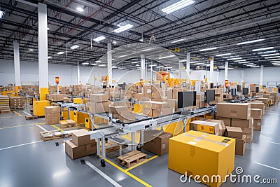 Efficient conveyor system moving cardboard box packages in a vibrant warehouse fulfillment center Stock Photo