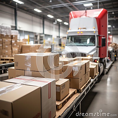 Efficient Delivery: Unloading Packages in a Modern Warehouse Stock Photo