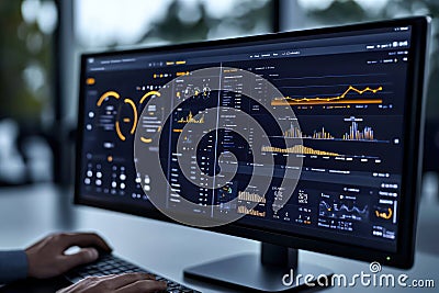 Efficient EV Fleet Management with Advanced Software: A Fleet Manager Analyzing Metrics on a Dashboard Screen Stock Photo