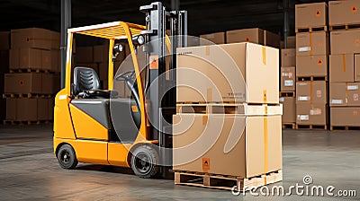 Efficient forklift operator loading cardboard boxes with stacker loader in organized warehouse Stock Photo