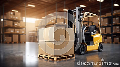 Efficient forklift stacker loader expertly loading cardboard boxes in warehouse setting Stock Photo