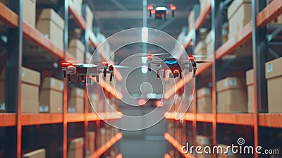 Efficient inventory management by robotic drones in a smart warehouse. Smart factory automation Stock Photo