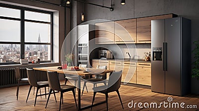 Efficient kitchen setup with modern appliances, neat storage, and minimalist design for a cozy home Stock Photo