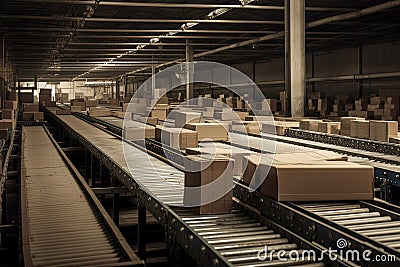 A mesmerizing view of conveyor belts in motion, swiftly sorting parcels with precision and efficiency. Generative Ai Stock Photo