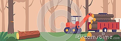 Efficient Machine Loading Chopped Wood. Streamlined Process of Loading Tree Logs, Increasing Productivity Vector Illustration