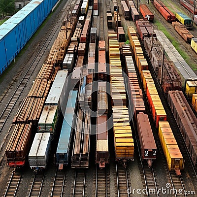 Efficient rail Top view of different railway wagons for logistics Stock Photo