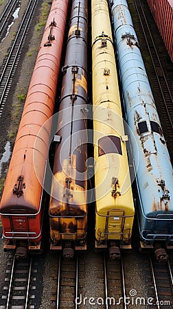 Efficient rail Top view of different railway wagons for logistics Stock Photo