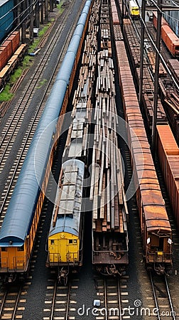 Efficient rail Top view of different railway wagons for logistics Stock Photo