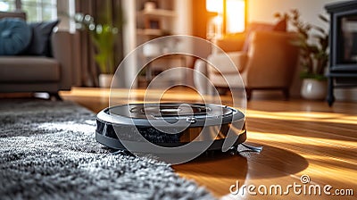 Efficient robot vacuum sweeps up comfy room with ease Stock Photo