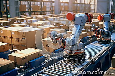efficient robotic arms sorting and stacking Packages in automated advanced warehouse Stock Photo