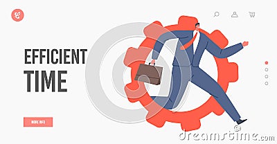Efficient Time Landing Page Template. Tiny Male Character Running Inside of Huge Gear, Cogwheel Mechanism, Productivity Vector Illustration