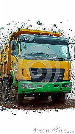 Efficient waste removal Garbage trucks in action, emptying containers isolated Stock Photo