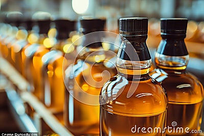 Efficient whiskey bottling process in a standard factory production line for optimal productivity Stock Photo