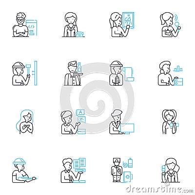 Efficient work linear icons set. Productive, Organized, Streamlined, Effective, Systematic, Efficient, Optimized line Vector Illustration