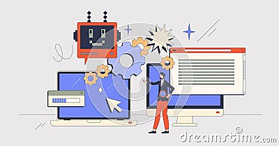 Efficient workflow and productive work organization retro tiny person concept Vector Illustration