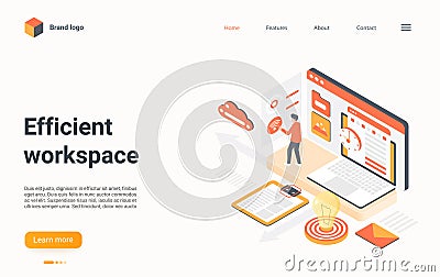 Efficient workplace management isometric landing page, 3d workspace business optimization Vector Illustration