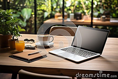 Efficient workspace with laptop, coffee, notebook, houseplant on wooden table Stock Photo