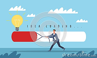 Effort, slow progress of idea. Achieving the goal. Businessman pushes load line. Light bulb sign, difficult Vector Illustration