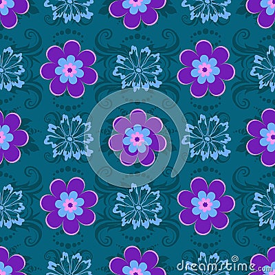 Effortless green floral pattern with violet and blue flowers Stock Photo