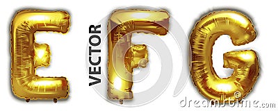 EFG gold foil letter balloons on white background. Golden alphabet balloon logotype, icon. Metallic Gold ABC Balloons Vector Illustration