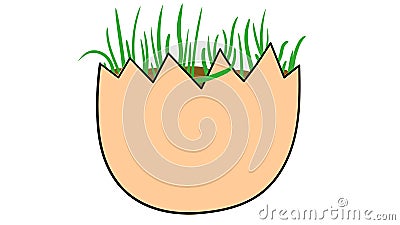 Egg as flowerpot with growing green sprouts, young life Cartoon Illustration