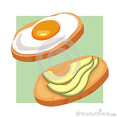 Egg, avocado toast. Delicious sandwich made of fresh toasted bread with fried egg, slices of avocado and smoked lox Vector Illustration