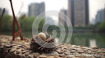 An egg in a bird nest at lake side with blurry cityscape with lake view, and vibrant city life Stock Photo