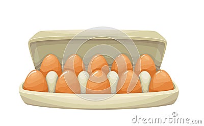 Egg box with ten brown chicken eggs Vector Illustration