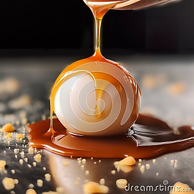 Egg with caramel sauce. Beautiful egg composition with caramel drops Cartoon Illustration