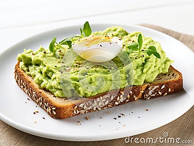 Egg cut in half on a rectangular slice of bread spread with avocado cream Stock Photo