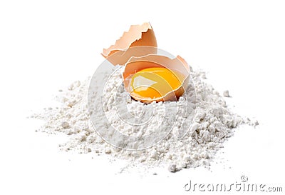 Egg and flour isolated on white background. Stock Photo