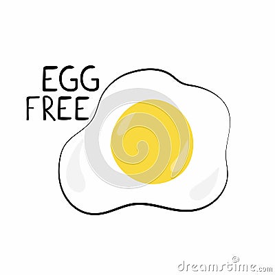 Egg free label. Scrambled eggs and text, dietary allergy product, food emblem, ecology product promotion healthy market, hand Vector Illustration