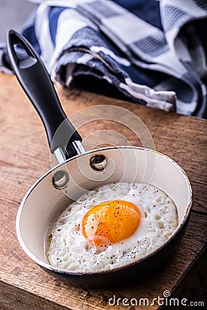 Egg. Fried egg. Chicken egg. Close up view of the fried egg on a frying pan. Salted and spiced fried egg Stock Photo