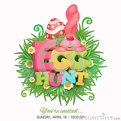 Egg hunt invitation card with pink bunny Cartoon Illustration