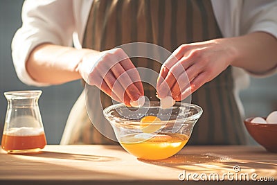 Egg mastery Womans hands separate yolks from whites with precision Stock Photo