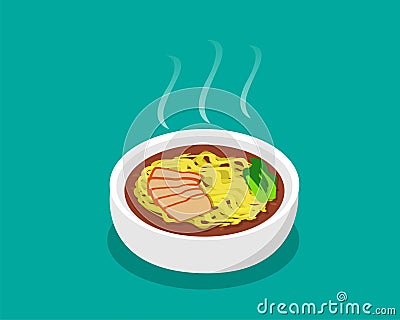 Egg noodle soup with roast pork and soup in 3d Vector Illustration